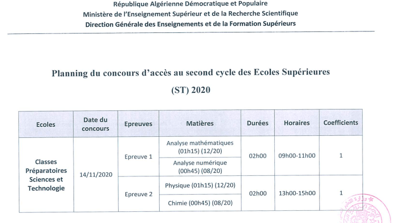 planning concours d'accès au second cycle des Ecole Supérieurs